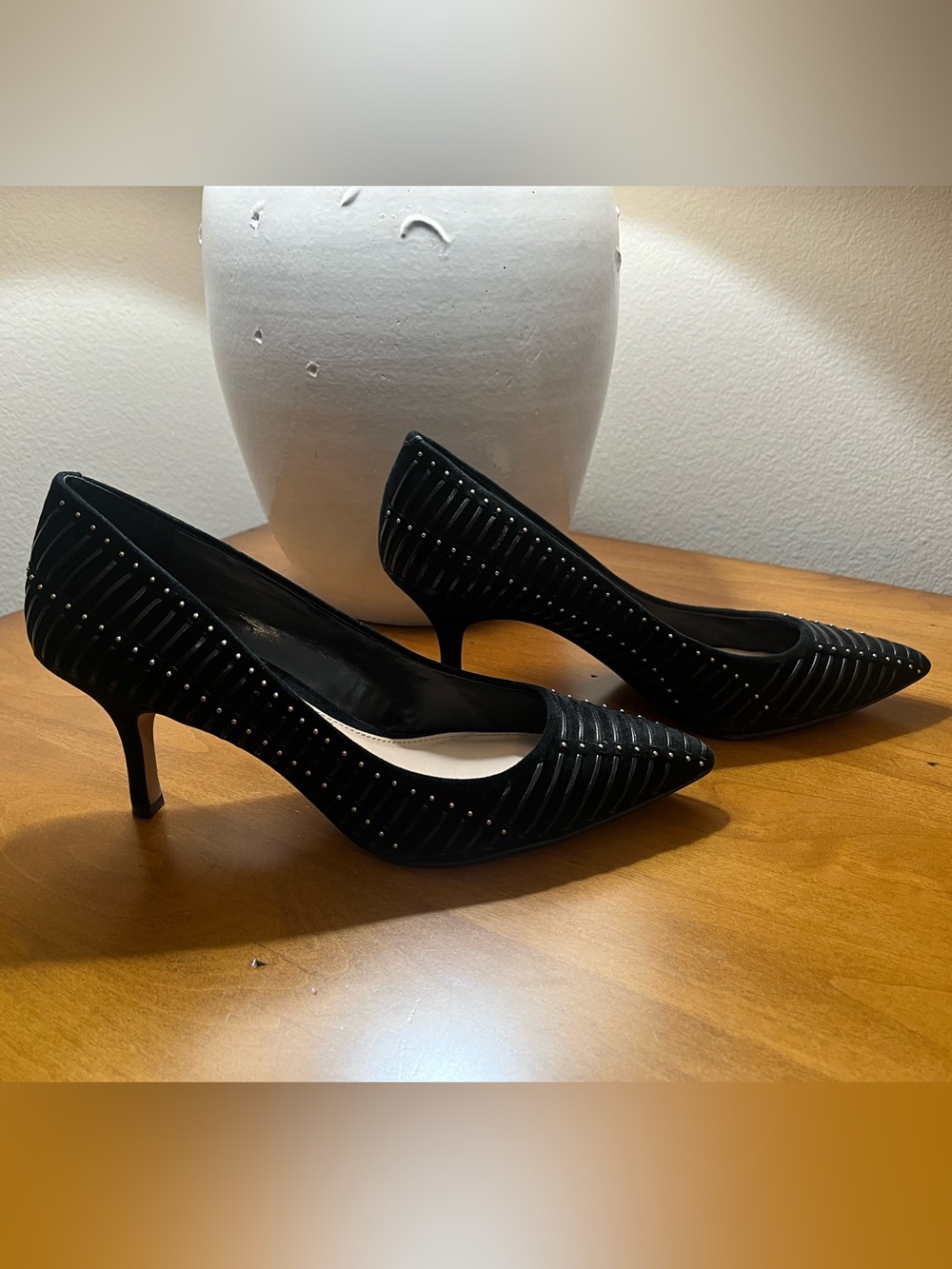 Vince Camuto Black Suede Studded Pointed-Toe 2” Heels Contemporary Edgy Chic - Picture 5 of 8